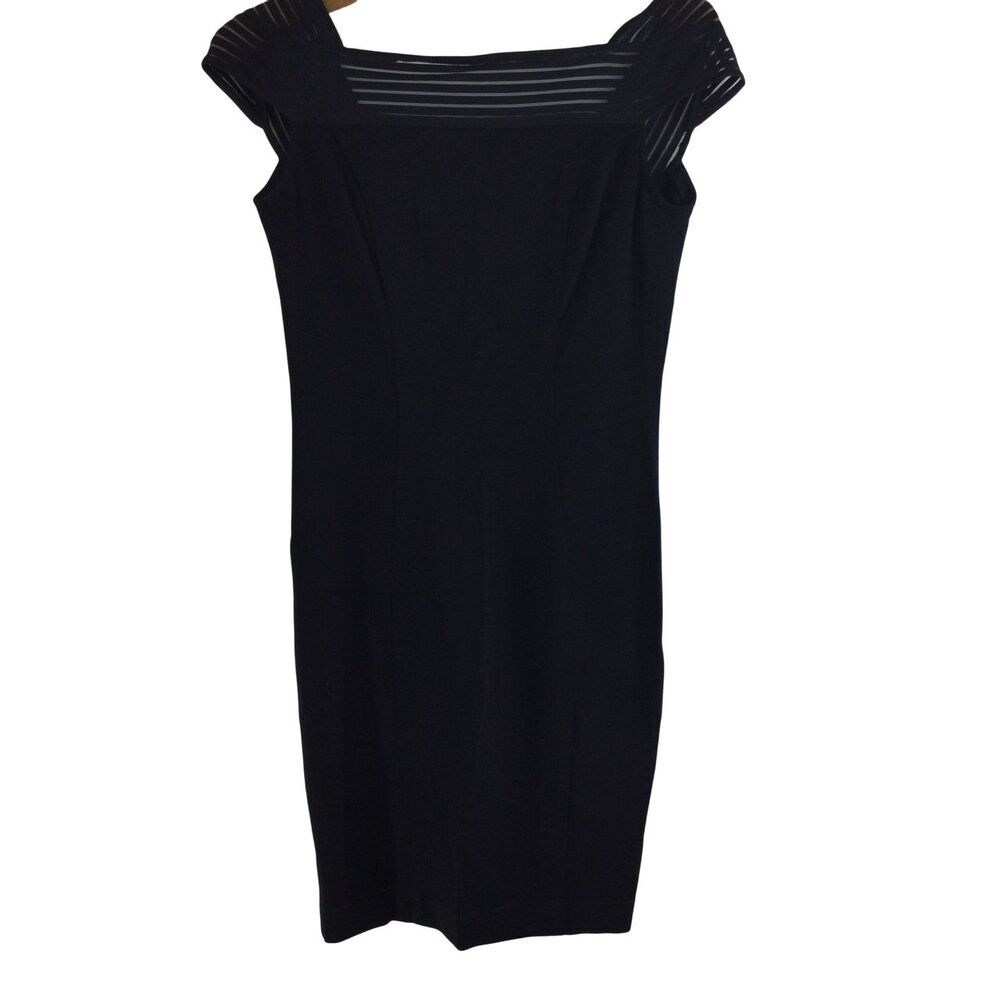 Tadashi Womens Illusion Mesh Striped V-Back Sheath Dress Black Size Medium